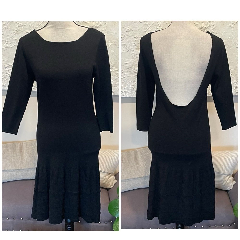 Zara Knit Dress Black Scoop Neck Long Sleeve Open Back Drop Waist Pullover Sz M